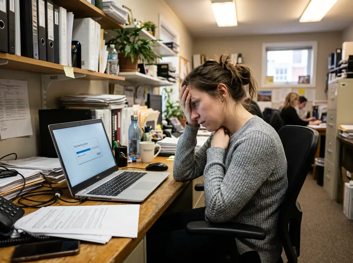 A frustrated employee waiting on a slow VPN connection